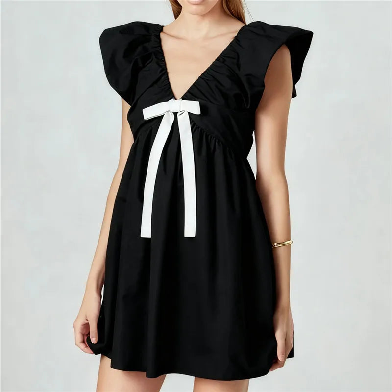 Women's Mini Dress Casual A Line Stylish Decorative Bow V Neck Flying Sleeve Dress for Spring Summer Sweet Girl Sundress