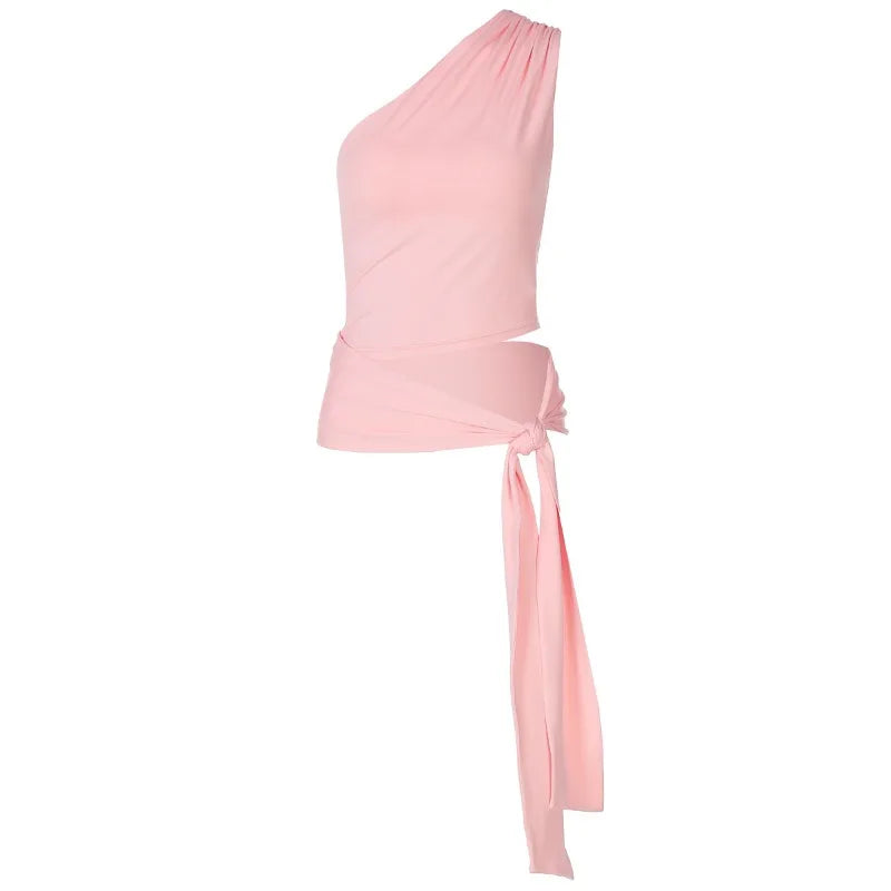 Woman Summer Top Streetwear Lace Up Cut Out One Shoulder Asymmetrical Tank Tops Solid Color