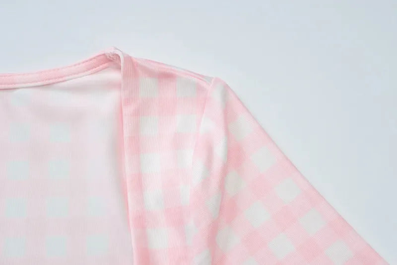 Pink Plaid Print T Shirts Y2k Clothes Woman Summer Square Neck Short Sleeve Crop Tops