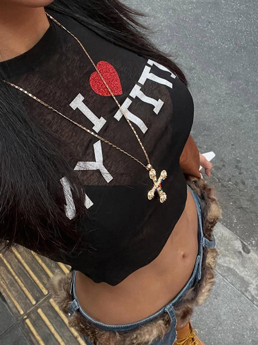 See Through Sexy Crop Tops Women Y2K Letter Print Fit Stretch Hottie Street Summer Sexy Hipster Classic Basis Tees