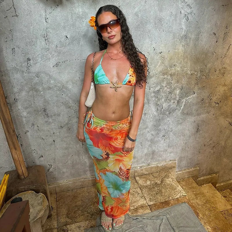 Floral Print Sexy 3 Piece Mini Micro Bikinis Set Beach Wear Summer Outfit Woman 2025 Vacation Skirt Sets