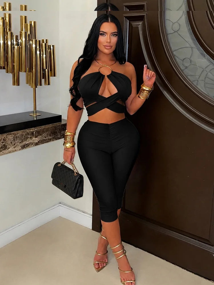 Midnight Sexy Fashion 2 Piece Set Woman Metal Ring Halter Bandage Backless Tops+Skinny Peach Hip Shorts Party Suits