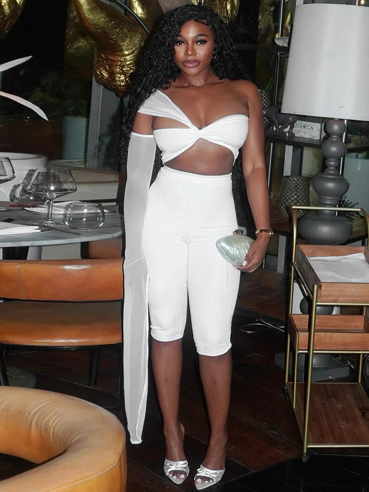 Sexy Fashion 2 Piece Set Women Mesh Patchwork Single Sleeve Strapless Top+Skinny Shorts Hottie Street Hipster Outfits