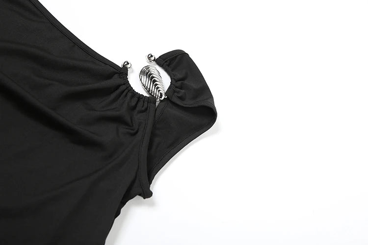 Sexy Backless Crop Tops Women Irregular Skew Collar Metal Rings Patchwork Short Sleeve Daily Street Fashion T-Shirts