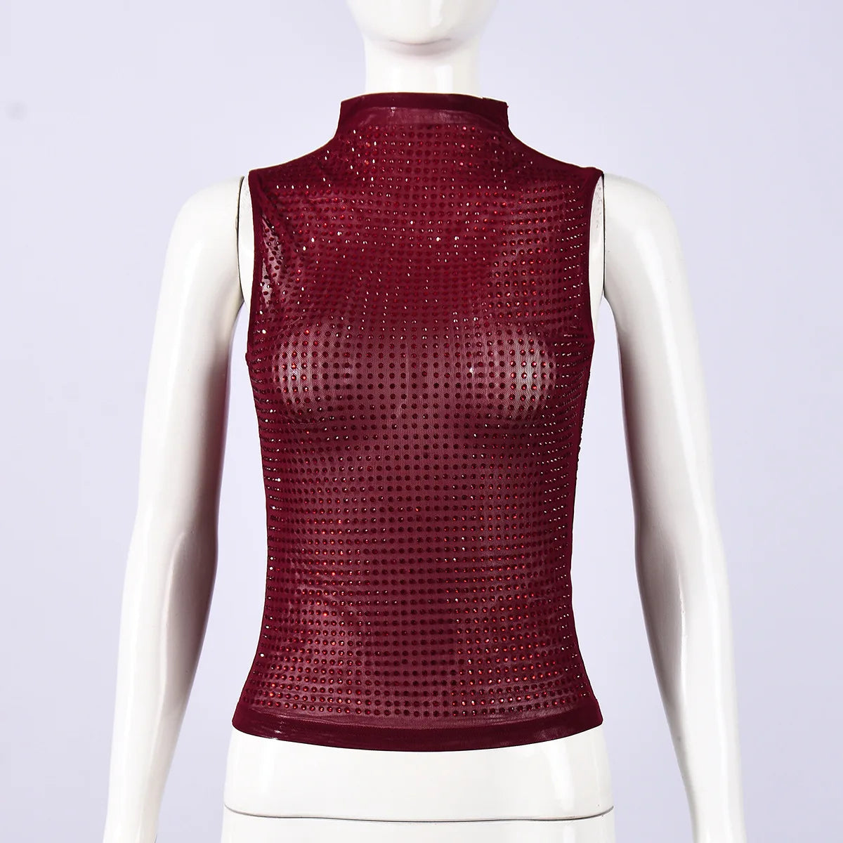 Women Sequin Mesh Tank Tops Turtle Neck Sleeveless Rhinestone Decor Slim Fit Summer Vest Shirts Sparkly Party Clubwear