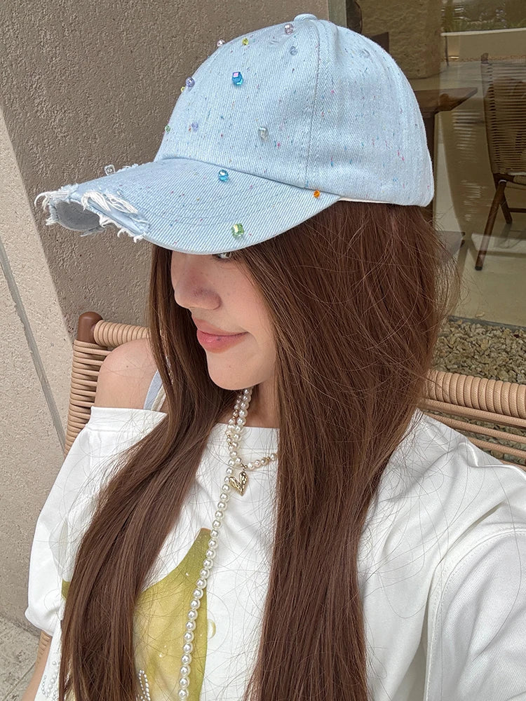 Women's Distressed Denim Baseball Cap with Colorful Beads, Light Blue Frayed Brim Hat for Beach, Sweet Street Accessory