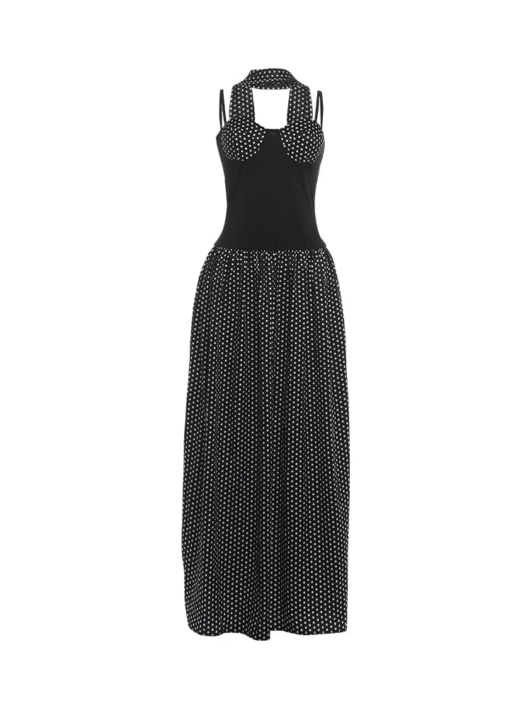 Elegant Party Sling Dress+Scarf Woman Low-Neck Backless Polka Dot Print Sleeveless Mesh Patchwork Hem Ruched Vestidos
