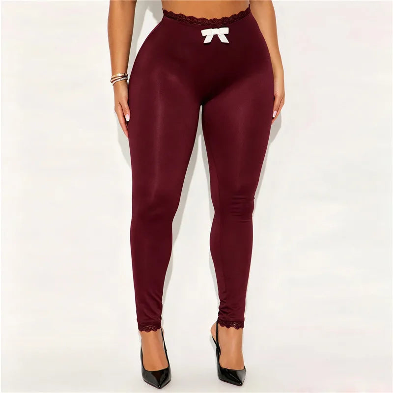 Women Solid Leggings High Waist Lace Trim Waist Ankle Hem With Bow Decor Bodycon Skinny Pants Casual Lounge Leggings