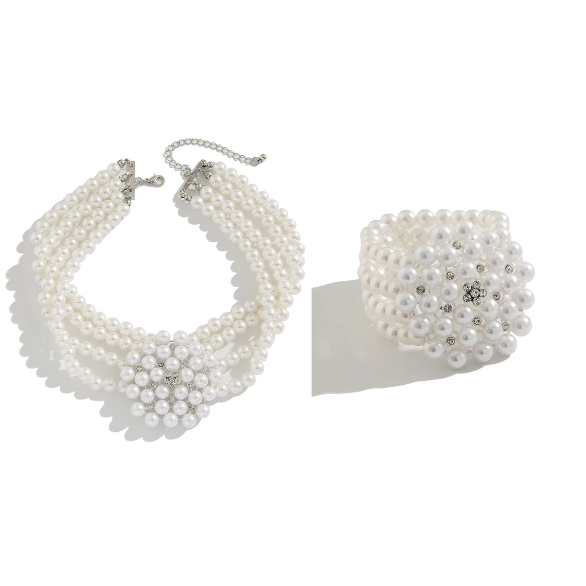 2Pcs Elegant Multilayer Imitation Pearl Chain Necklace Bracelet Women Wed Bridal Flower Choker Aesthetic Jewelry Set