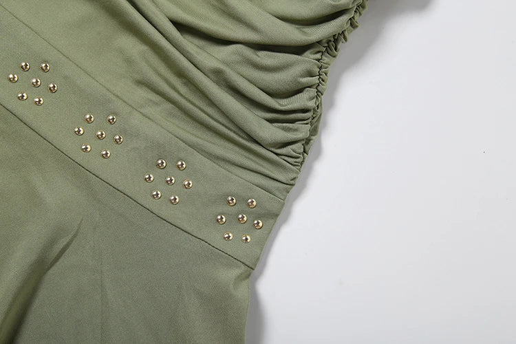 Sexy Backless Dress Women Hottie Halter Bandages Ruched Rivets Patchwork Sleeveless Trend Chic Party Street Bodycon
