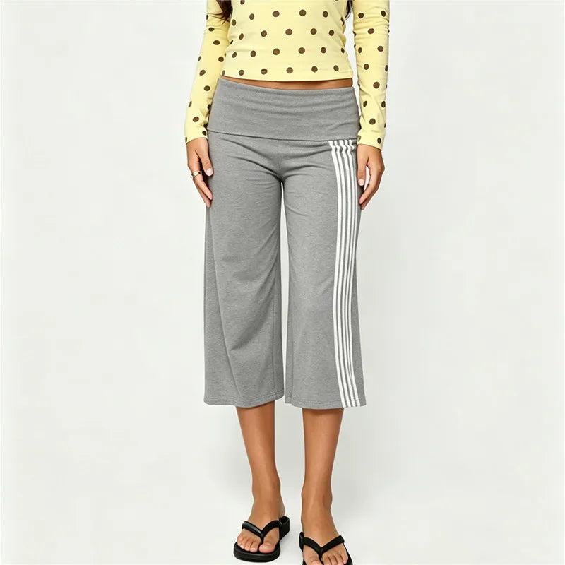 Y2K Vintage Women Low Rise Fold Waist Capri Pants Side Striped Cropped Flare Trousers Casual Going Out Sports Pants