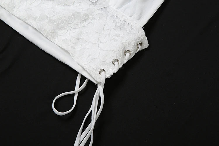 Sexy 2Piece Set Women Y2K Patchwork Lace V-Neck Sleeveless Backless Folds Halter Tops+Wave Edge Skirt Matching Suit