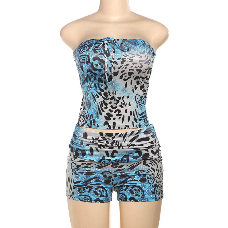 Cheetah Print Baddie 2 Piece Sets Rave Outfits Tube Top and Shorts Matching Set Streetwear Summer Clothes
