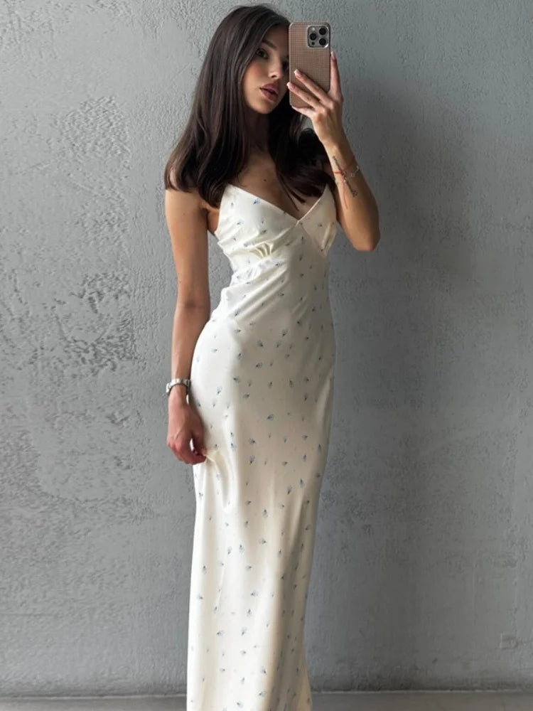 Spaghetti Strap V Neck Backless Split Long Dresses Elegant Satin Floral Dresses for Woman for Party