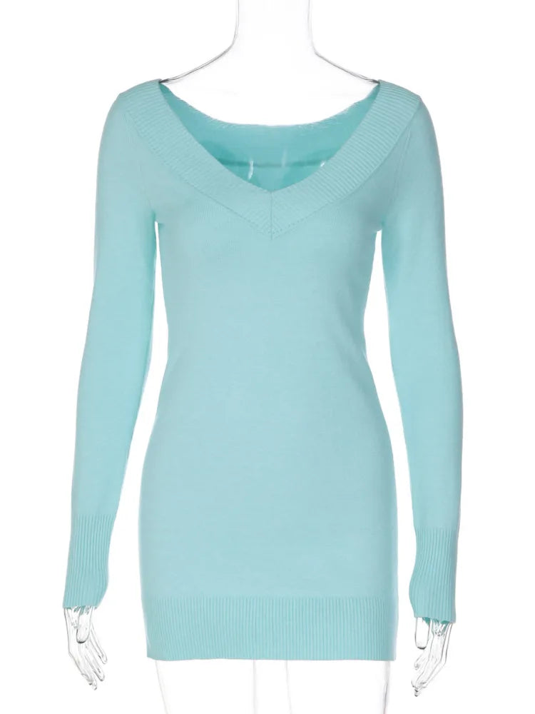 Women Off Shoulder Knit Sexy Mini Dress Long Sleeve V Neck Bodycon Short Dress Fall Club Party Slim Fit Sweater Dresses
