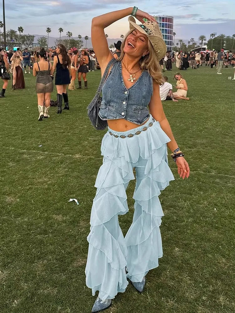 Irregular Tierred Flare Pants Women Y2K Patchwork See Through Summer Hipster Wild Basic Street Trend Classic Trousers