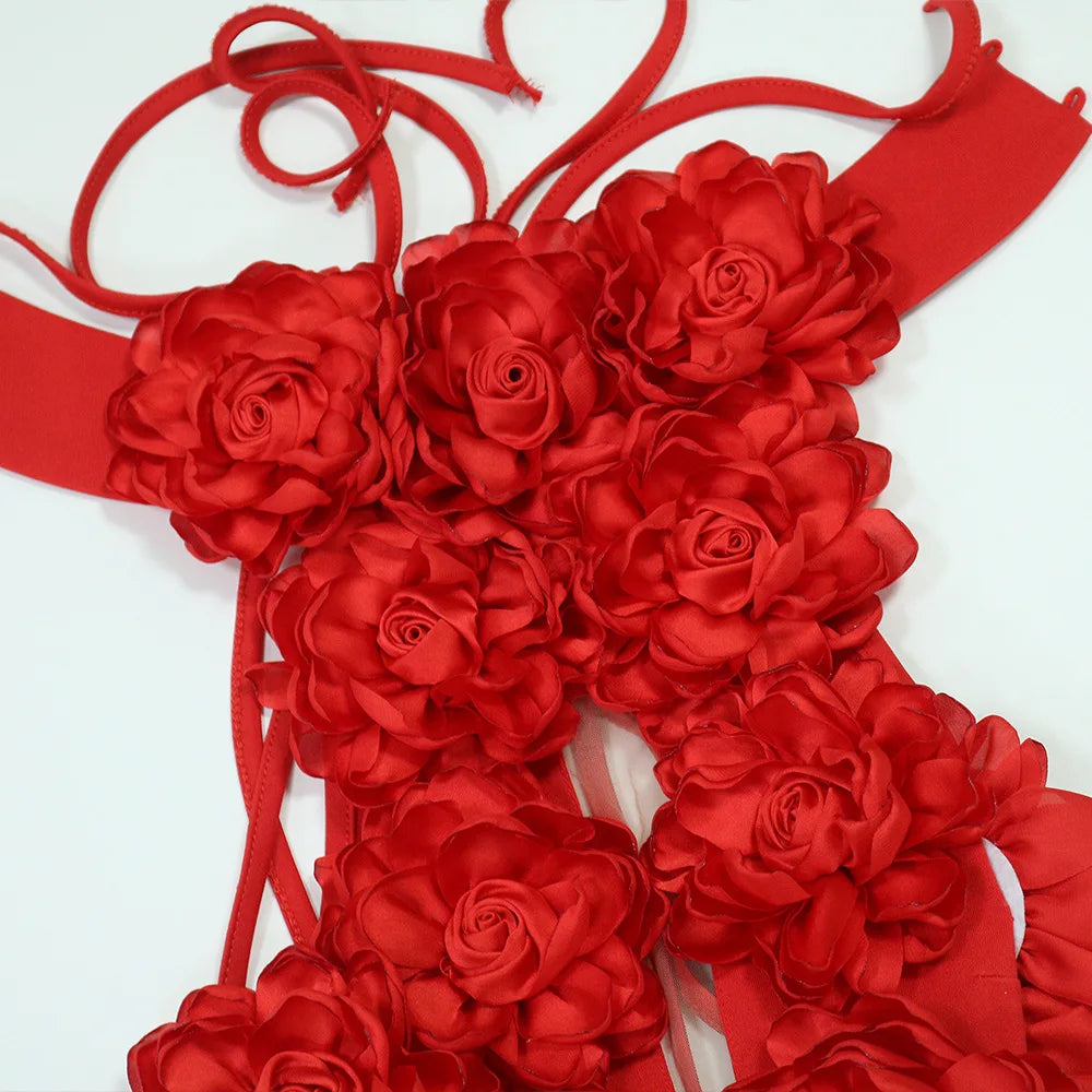 3d Flowers Maxi Dress Halter Buttons Bandage Backless Sleeveless Hollow Back Slit Sexy Midnight Prom Party Chic Vestidos