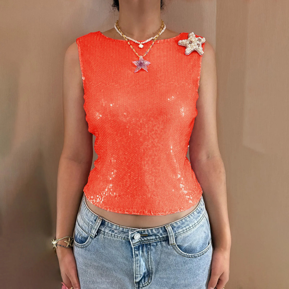Women Y2K Sequin Pearl Starfish Tank Tops Teen Girls Sea Star Shiny Sleeveless Shirt Glitter Sparkly Summer Cami Top