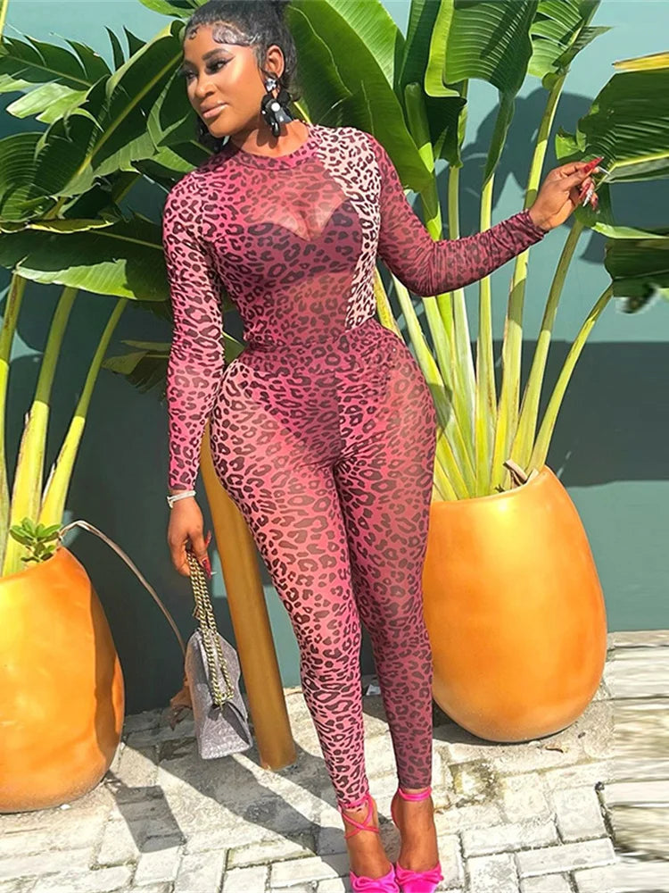 See Through Women 2 Piece Set Sexy Rave Leopard Print Bodysuit+Leggings Body Shaping Tight Matching Activity Clubwear