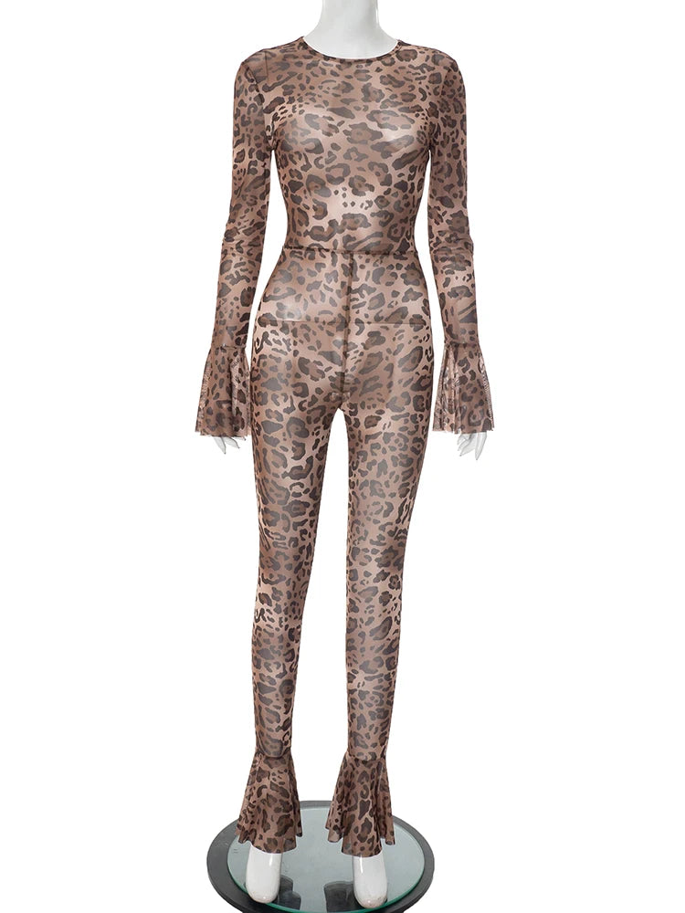 Leopard Print Flared Jumpsuit Women Sexy See Through o-Neck Full Sleeve Skinny Peach Hip Street Wild Style Overalls