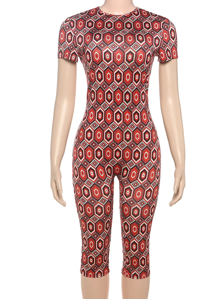 Backless Romper Women Fitness Tight Stretch Colorful Print Summer O-Neck Short Sleeve Slim Activity Workout Playsuits