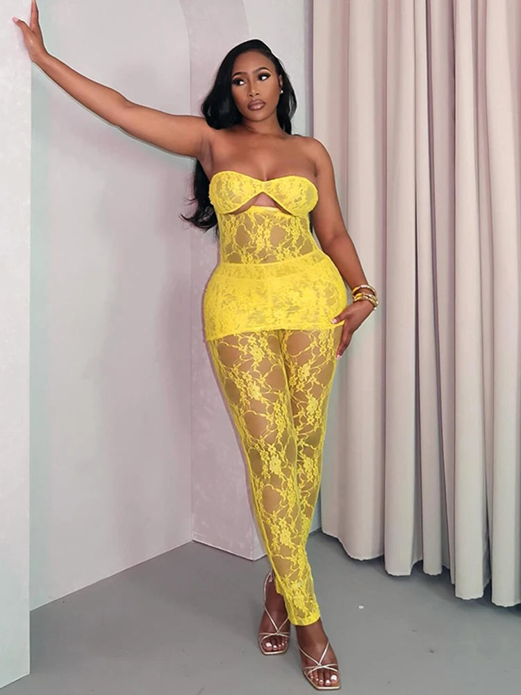 Sexy Lace Women 2 Piece Set Thin Hipster Summer Coquette Hollow Strapless Dress+Leggings Midnight Matching Clubwear