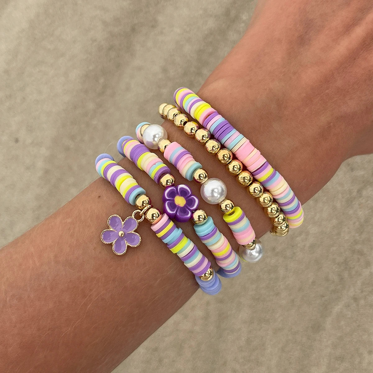 5Pcs/Set Romantic Tiny Flower Plastic Turtles Chain Bracelets Women Boho Polymer Clay Charm Bangles Y2K Summer Jewelry