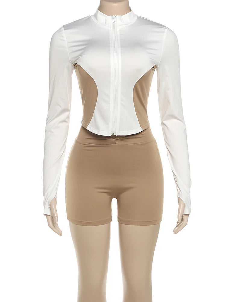 Casual 2piece Set Women Tracksuit Zip Contrast Patchwork Full Sleeve Jacket+Shorts Daily Simple Sporty Street Outfits
