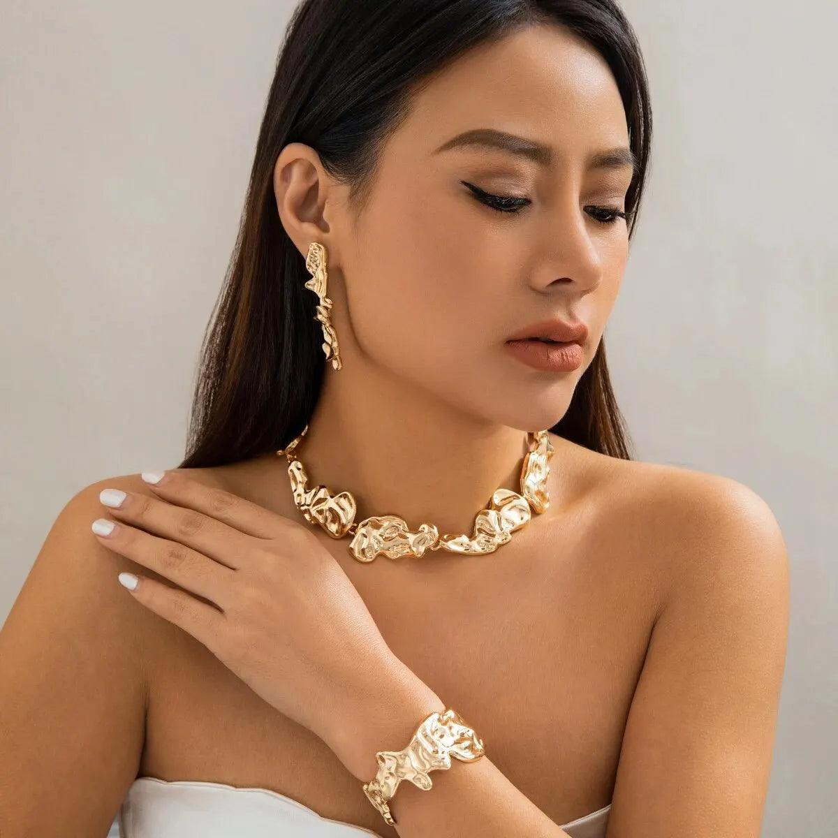 Unique Creative Irregular Big Heavy Metal Chain Necklace for Women Punk Adjustable Bracelet Earring Grunge Jewelry Set Steampunk