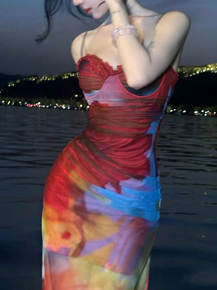 Colorful Print Maxi Dress Patchwork Lace Mesh Low-Neck Sleeveless Backless Summer Trend Vacation Clubwear Vestidos