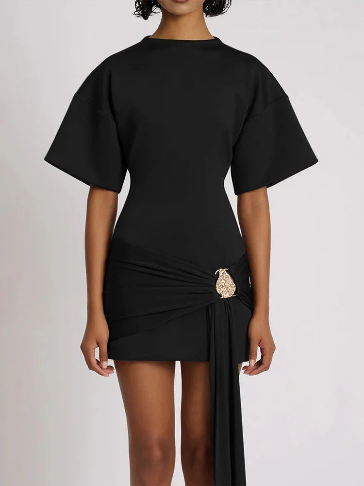 Half Sleeve Draped Short Dresses for Woman Clothing White Black Sheath Dresses Elegance