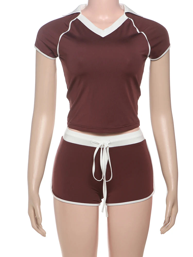 Casual Women 2 Piece Set Tracksuit Stretch Sporty Polo Neck Crop Tops+Wide Waist Shorts Matching Streetwear Outfits