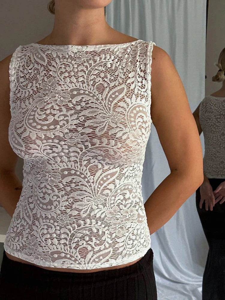 See Through Lace Tank Tops Black White French Style Sexy Sleeveless Shirts Women Summer Clothes