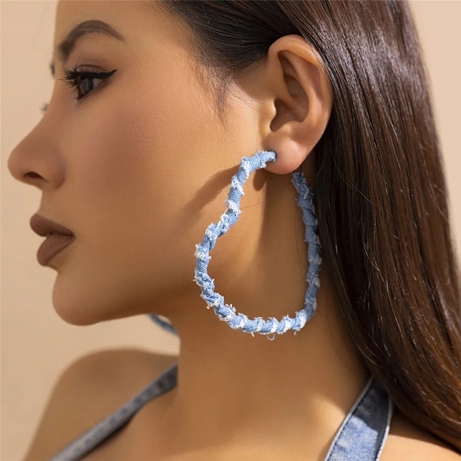 High Quality Exaggerated Blue Denim Hoop Earrings for Women Vintage Big Star Round Triangle Square Geometric Earring Y2K Jewelry