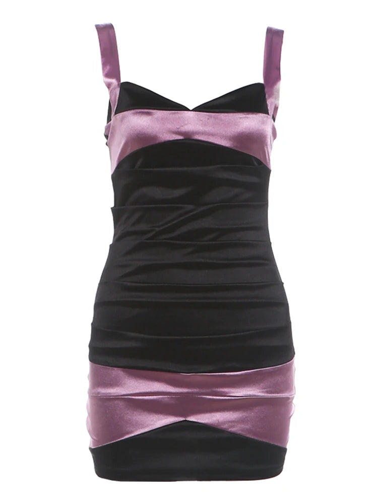 Patchwork Color Blocking Dress Women Low-Neck Skinny Sexy Sleeveless Midnight Hottie Classic Fashion Mini Bodycon