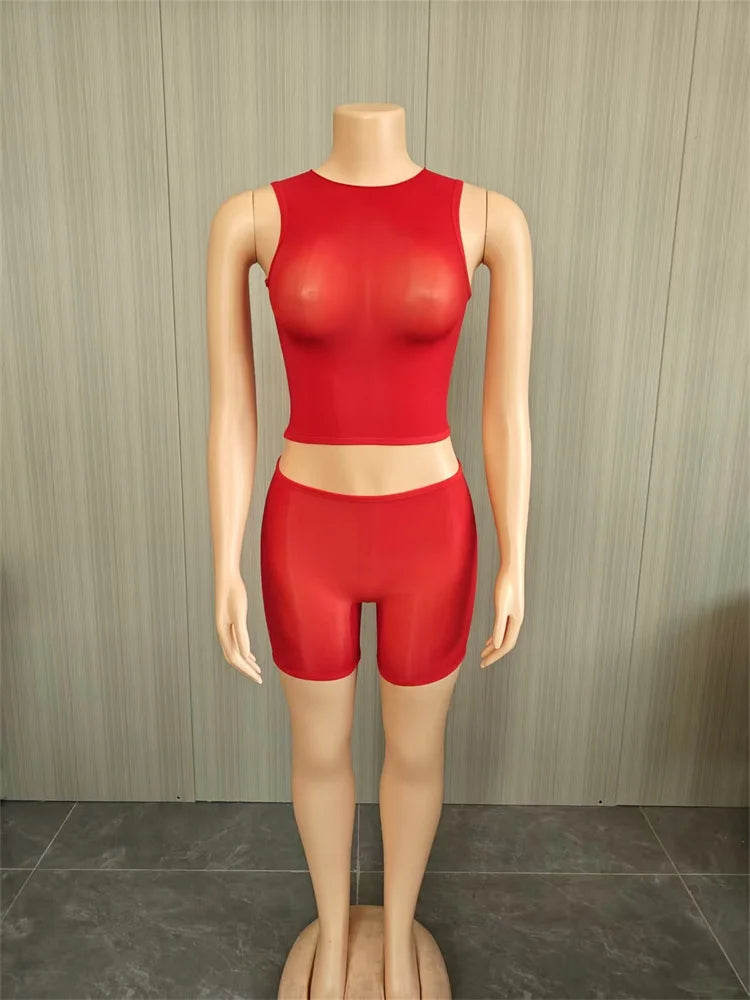 Sexy Midnight 2-Piece Set Women See Through o-Neck Vest+Simple Short High Elasticity Wild Summer Fashion Slim Suit