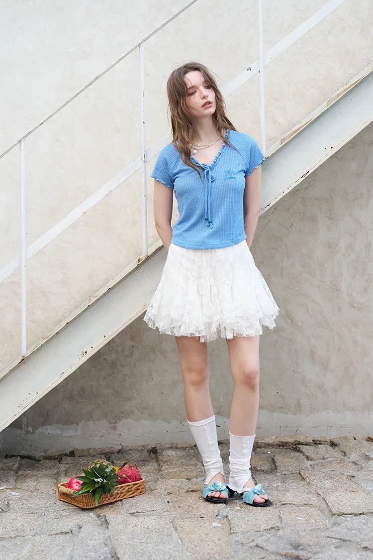 Women's Ribbed Knit T-Shirt with Tie V Neck, Sweet Short Sleeve Blue Tee for Summer, Mermaid Aesthetic Casual Top