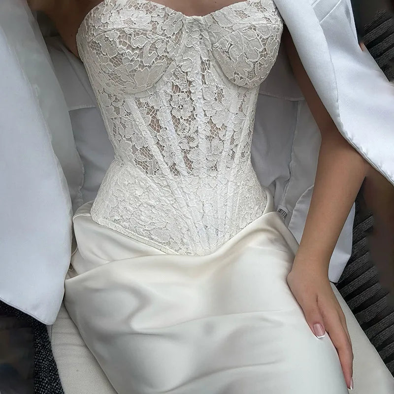 Elegant Two Piece Sets for Women Lace Corset Top and Satin Maxi Skirt White Party Outfits Summer 2025