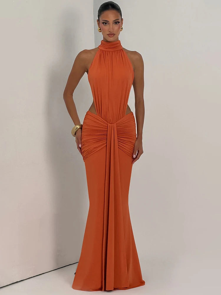Turtleneck Backless Sexy Maxi Dress Women Gown Elegant Off-shoulder Sleeveless Ruched Bodycon Club Party Long Dress