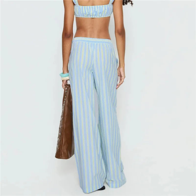 Women Striped Wide Leg Pants Elastic Waist Loose Fit Casual Trousers With Pockets Summer Beachwear Streetwear Pants