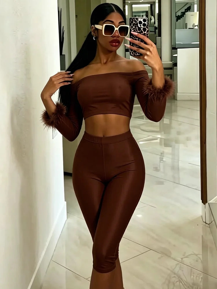 Fashion Satin 2 Piece Set Women Simple Furs Patchwork Slash Neck T-Shirts+Mid-Length Shorts Trend Party Street Suits