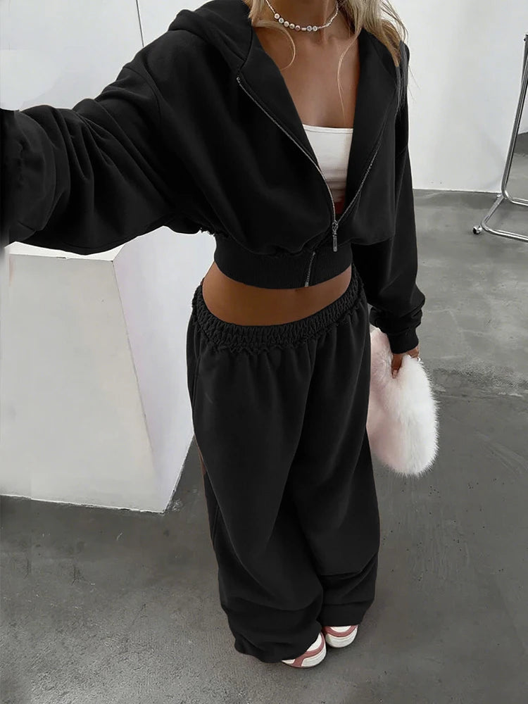 Casual 2Piece Set Women Tracksuit Sporty Zip Patchwork Hooded Crop Jacket+Straight Pants Matching Streetwear Outfits