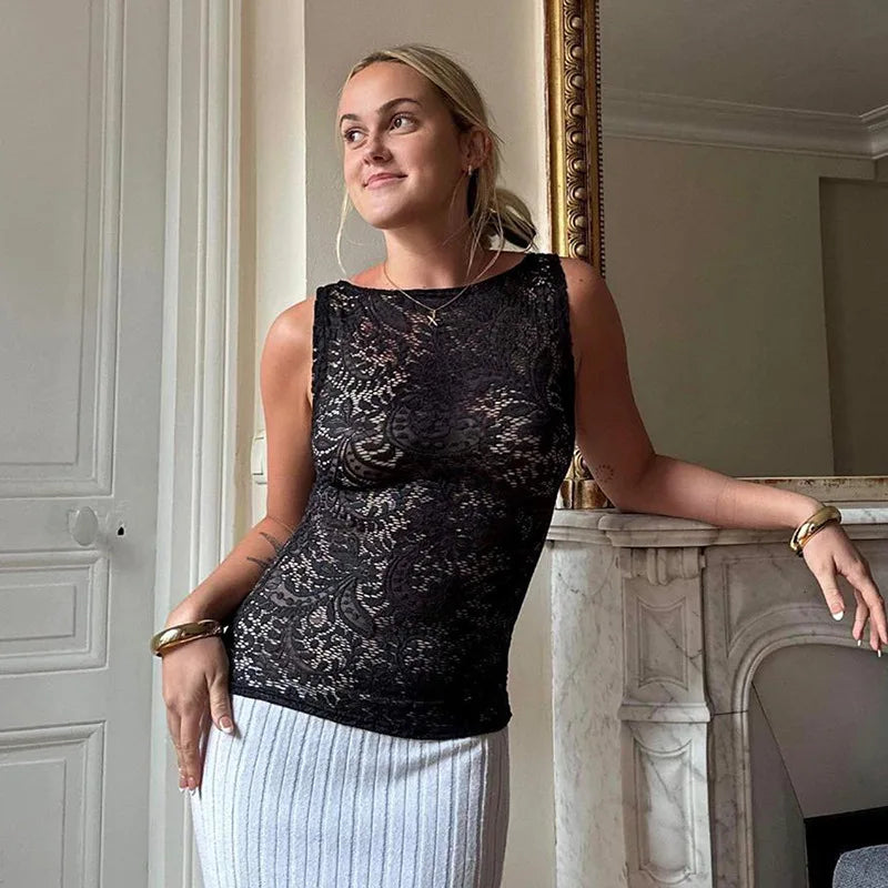 See Through Lace Tank Tops Black White French Style Sexy Sleeveless Shirts Women Summer Clothes