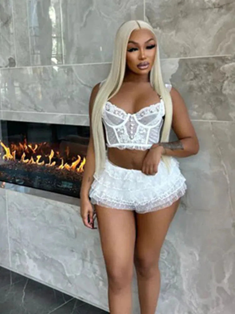 Mesh Patchwork 2 Piece Set Women Low-Neck Sexy Backless Crop Tops+Ruched Tierred Skirts Midnight Club Party Outfits