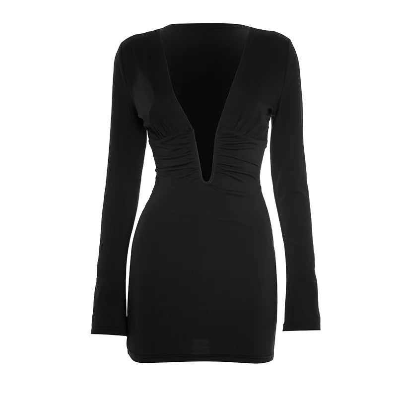 Sexy Black Bodycon Dress Deep V Neck Long Sleeve Mini Dresses Club Outfits Fall Winter Woman Fashion