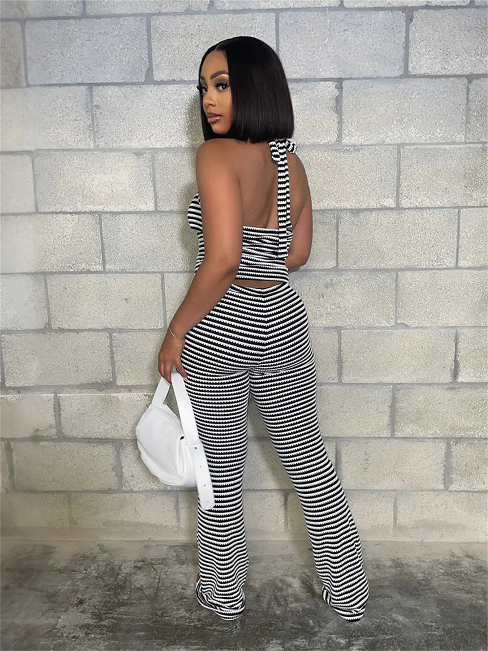 Sexy Crochet Stripe 2 Piece Set Women Hollow Halter Metal buckle Tank Top+Skinny Stretch Pants matching Streetwear