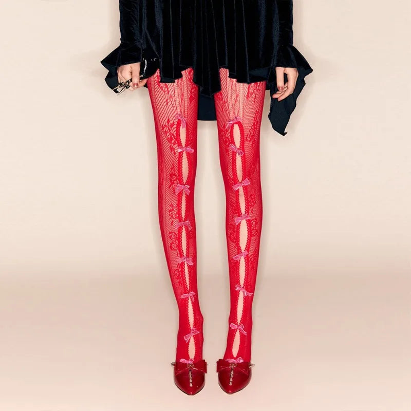 See Through Lace Mesh Hollow Bow Tie Leggings High Waist Stockings Y2k Sexy Lingeries for Woman Tights