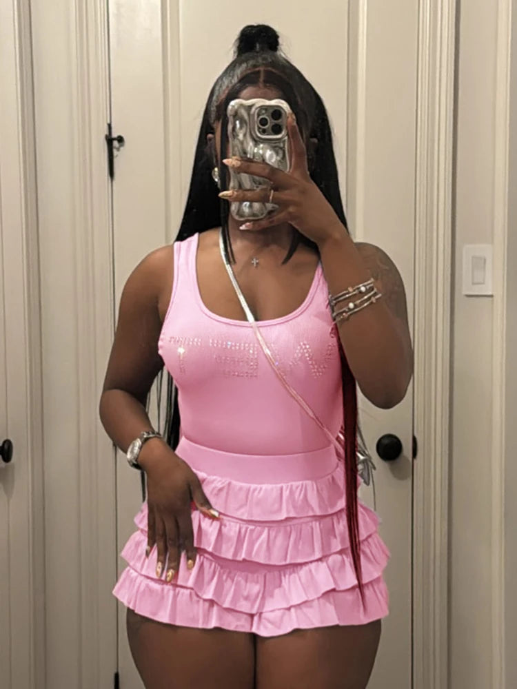 Sexy Fashion 2 Piece Set Women Rhinestones Letter Print Tank Tops+Ruched Tierred Shorts Hot Girls Hipster Streetwear