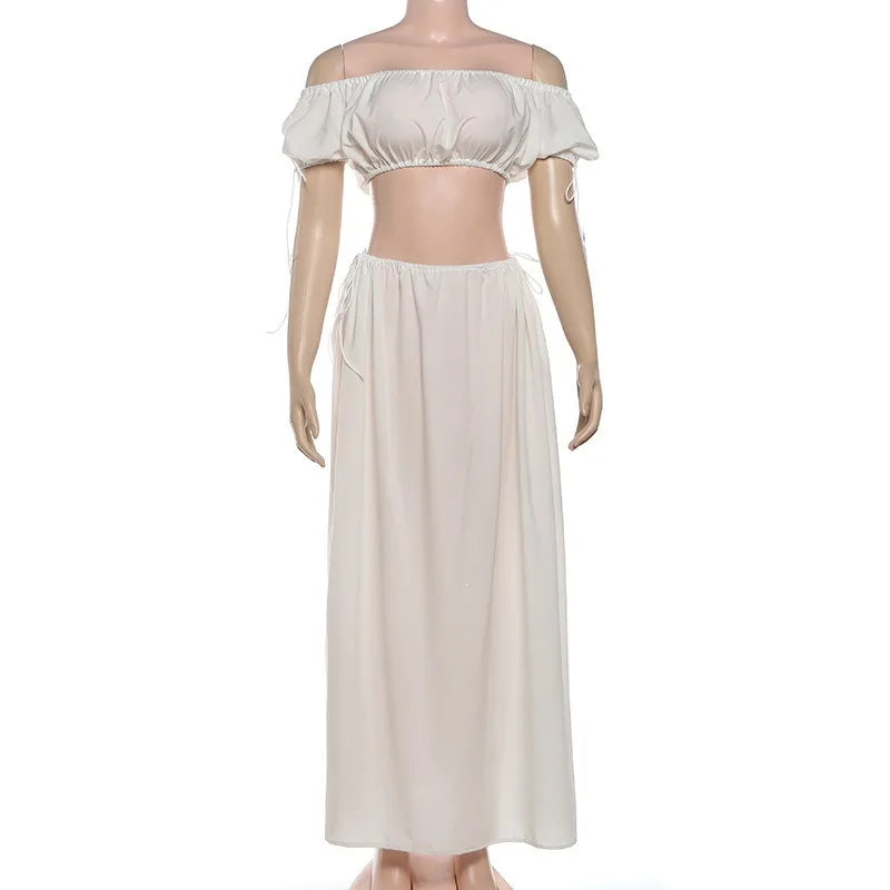 Womens Matching Sets White Off The Shoulder Puff Sleeve Crop Top and Matching Side-tie Skirt Co-ord Set