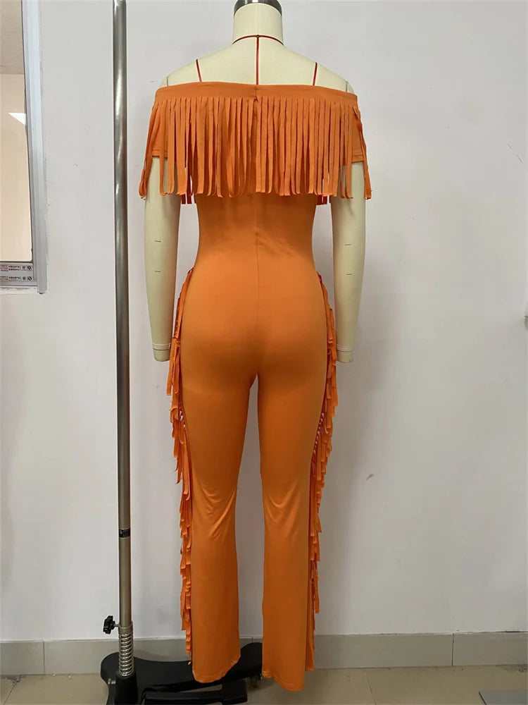 Tassel Patchwork Jumpsuits Women Slash Neck Short Sleeve Skinny Peach Hip 2025 Summer Street New Trend Solid Overalls